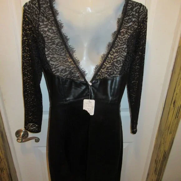 Free People Small NWT Colleen Faux Leather Lace Mini Dress Black Pleather Vegan - Picture 11 of 16